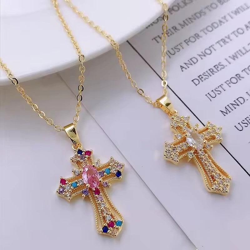 Women Hip Hop Zircon Cross Shiny Pendant Stainless Steel Necklace
